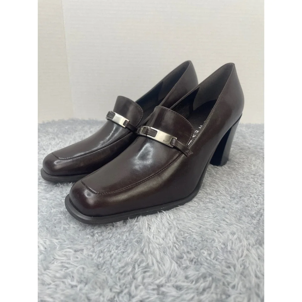 Nine West Ravon Loafers Women 8.5 Brown Leather Block‎ Heel Square Toe Brazil